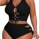 SOLY HUX Women's Plus Size Bikini Set Sexy Swimsuit Lace Up Tummy Control 2 Piece Bathing Suit (XX-Large Plus, Plain Black)