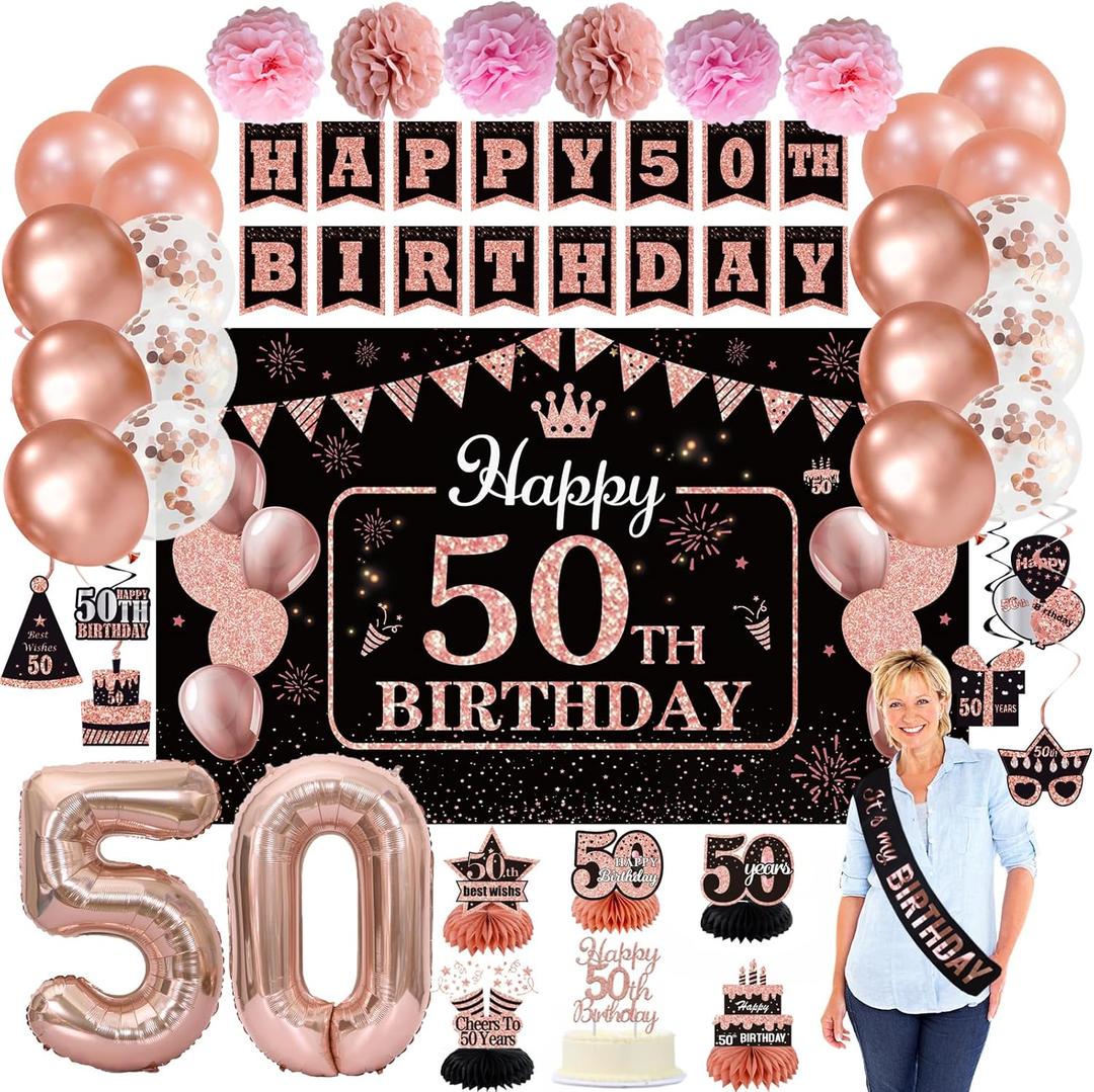 WOJOGO 50th Birthday Decorations for Women - 40pc Rose Gold Party Decor Set with Happy 50th Birthday Banner Cake Topper Number 50 Balloons Sash Honeycomb Centerpieces Hanging Swirls and Large Backdrop