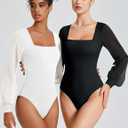 Avidlove Women Puff Long Sleeve Bodysuit Mesh Square Neck Thong Sexy Body Suits Double Lined Leotards (Black, XS)