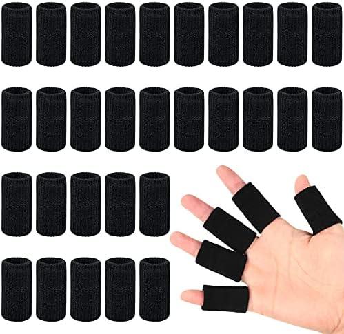 Skylety 30 Pieces Finger Sleeves with 1 Storage Bag, Thumb Splint Brace Support Protector Breathable Elastic Finger Tape for Pain Relief Arthritis Trigger Sports Basketball Baseball(Black)