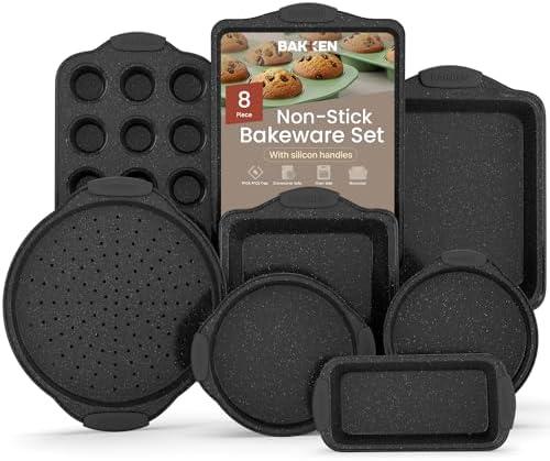 BAKKEN 8-Piece Kitchen Oven Baking Pans Set - Deluxe Nonstick Gray Marble Coating, Professional Grade Carbon Steel Bakeware with Silicone Handles - Oven, Dishwasher, and Freezer Safe