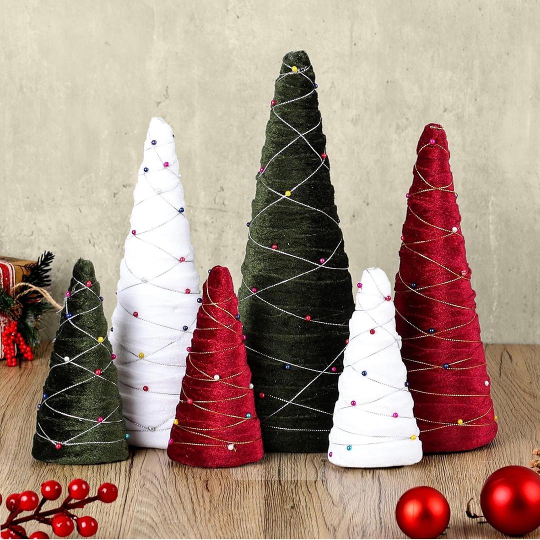 6 Pcs 12" 10" 6" Velvet Christmas Cone Tree Decorations Christmas Flocked Table Centerpieces Decor Farmhouse Tiered Tray Foam Ornaments Xmas Tree for Home Holiday Entryway Tabletop Centerpiece Decor (Classic)