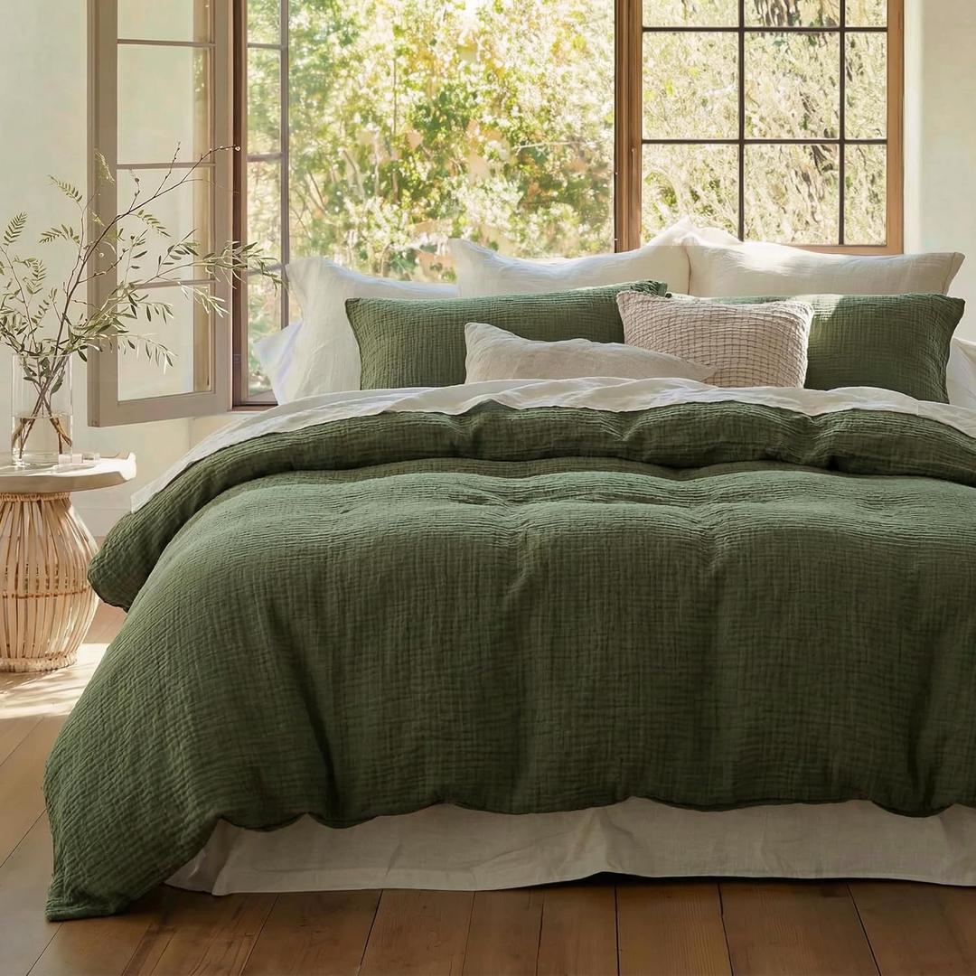 Bedsure 100% Muslin Cotton Duvet Cover Queen Size - Ultra-Soft Gauze Duvet Cover, PureWoven Breathable & Lightweight Bedding Set with Zipper Closure and Corner Ties (Olive Green, Queen, 90"x90")