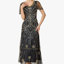  Women's Flapper Dress 1920s V-Neck Evening Gown Sequin Beaded Maxi Dress for Wedding M
