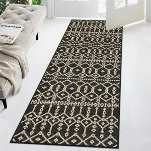 2x8 (2'3''x7'3'') Indoor Outdoor Rug for Hallway Moroccan Geometric Garden Corridor Rug Waterproof Low Pile Non-Shedding Distressed Throw Mat Textured Woven Rug for Bedside Kitchen Sink,Black