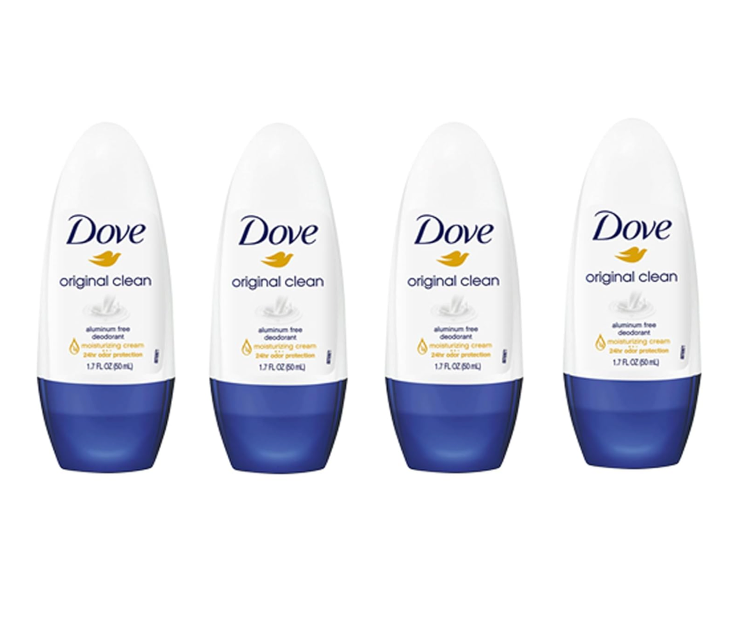 Dove Original Clean Roll On Deodorant, Aluminum Free, All Day Odor Protection, 4Pack, 1.7 FL Oz Each, 4 Bottles