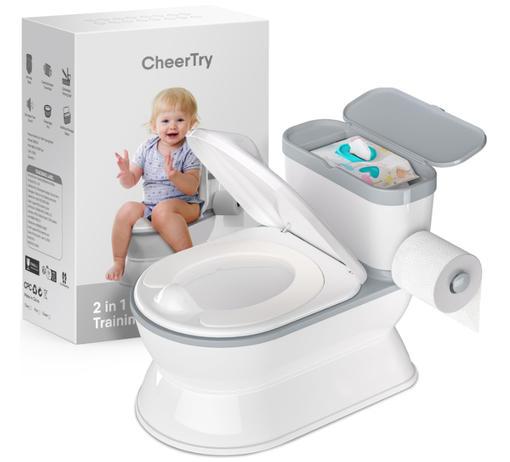 2-in-1 Toddler Potty Training Toilet - Larger Potty Chair & Detachable Training Seat for Boys & Girls Ages 1-3 with Flushing Sound, Wipes Storage, Toilet Paper Holder - Grey