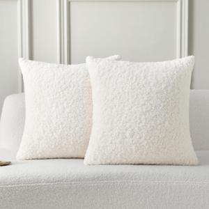 FUTEI Cream White Throw Pillow Covers 18x18 Inch Set of 2,Furry Faux Fur Teddy Boucle Textured Cushion Covers,Soft Fluffy Decorative Pillow Case,Home Decor for Couch Bed Living Room Office Car