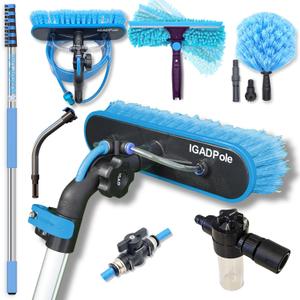 34ft IGADPole Washing Kit: Water-fed Brush, Cobweb Duster and 10 Squeegee and Soap Dispenser, with 6-Stage Telescoping Pole 5.5-27ft Pole and & 1ft Curved Extension (28ft Pole Kit)