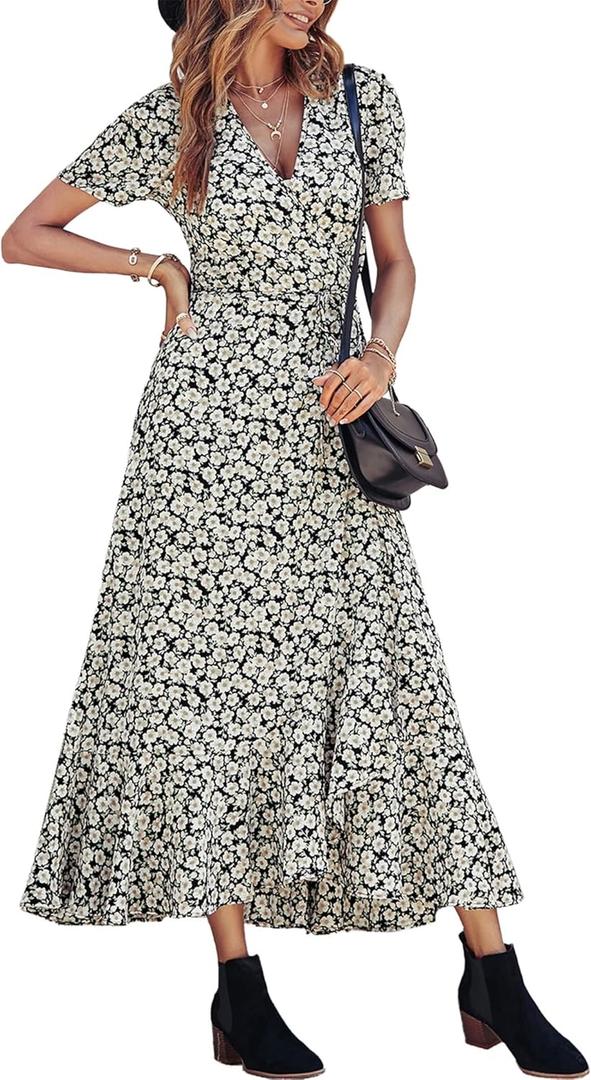 PRETTYGARDEN Women's Summer Maxi Dress Casual Wrap Floral Boho Short Sleeve V Neck Split Ruffle Beach Long Dresses (Black White Floral)