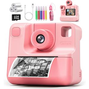 Instant Print Camera for Kids, 1080P Kids Instant Cameras,HD Selfie Digital Video Cameras Toddler 3 Rolls Print Paper & 32G Card,Christams Birthday Gifts for Girls Boys Age 5 6 7 8 9 10 (Light Pink)