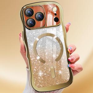 2 x Misscase for iPhone 17 Pro Max Case,with Privacy Screen Protector,Compatible with MagSafe,Bling Glitter Cute Curly Wave Border Phone Cover for Women Men, Drop Protection Anti-Slip Golden