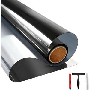 One Way Daytime Window Privacy Film See Out Not in, Window Tint for Home, Reflective Mirror Glass Windows Coverings Sun Heat UV Blocking, Black-Silver, 17.5" X 78.7"