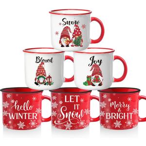 Pickmesh 6 Pcs Christmas Coffee Mug Set 13OZ Xmas Ceramic Mugs with Handle Red and White Gnomes Mugs Hello Winter Cups Bulk Merry Christmas Gifts Let It Snow Home Holiday Party Decor Supplies