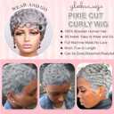 Grey Short Curly Pixie Cut Wigs Remy Human Hair for Black Women, Silver Grey Deep Wave 100% Human Hair Pixie Wig Wear and Go Glueless Layered Curly Wavy Pixie Cut Edgy Old Lady Cosplay Wig With Bangs