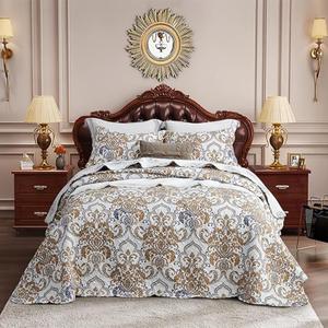 CHIXIN California King Bedspread - Oversized Luxury Collection - European Damask Paisley Pattern - Classic & Gorgeous Bedding Cover, Lightweight, Ultra Soft, 5 Piece, 100% Microfiber, White/Khaki/Grey