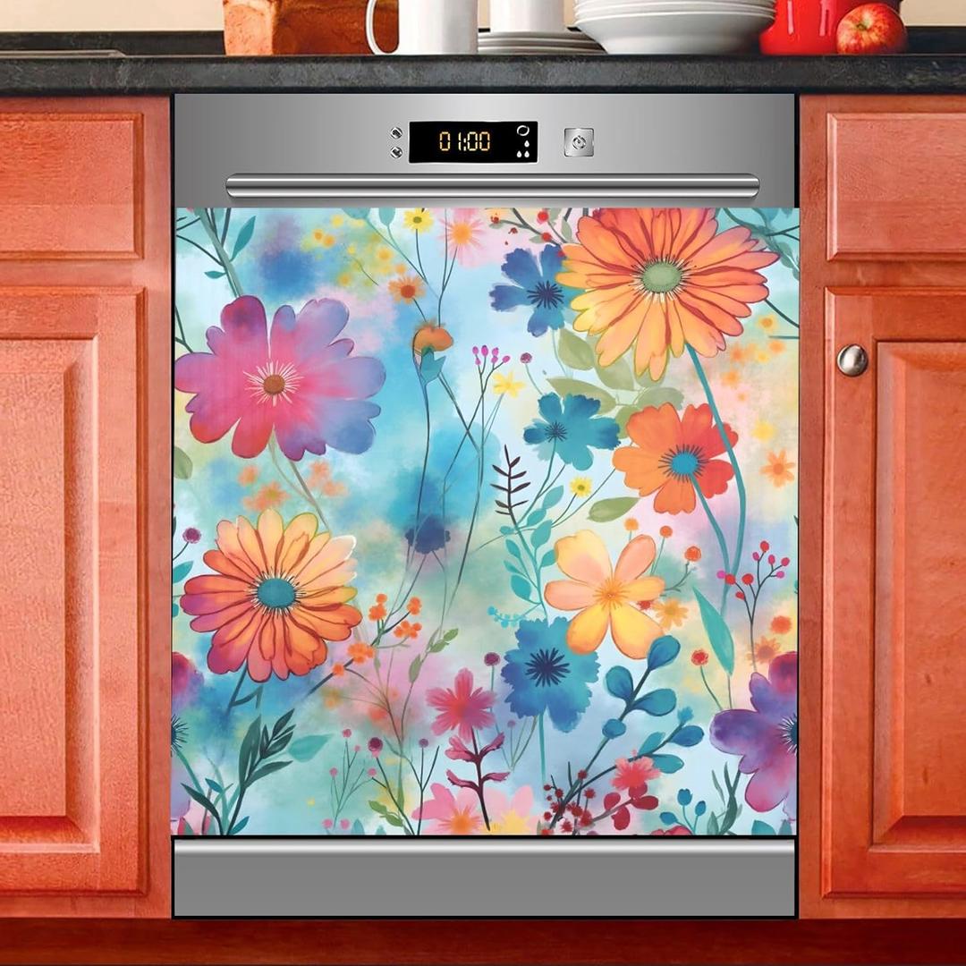 Colorful Beautiful Flowers Dishwasher Magnet Cover Sticker Magnetic Refrigerator Panel Front Door Fridge Microwave Decal Decorative