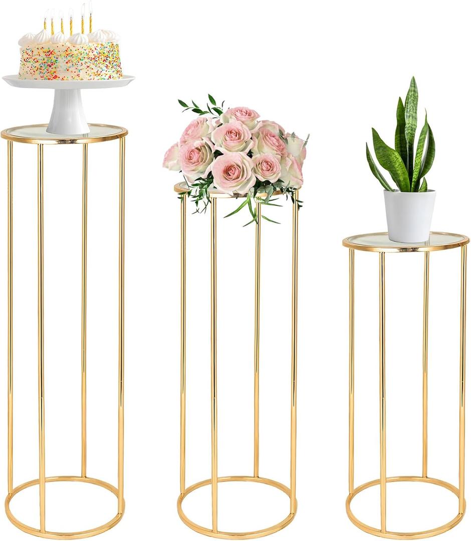 3PCS Cylinder Stands for party, Gold Metal Round Pedestal stand, flower stand, Plant stand, cake stand, Display Stand Tables for Weddings Party Birthday festival Backdrop Decoration