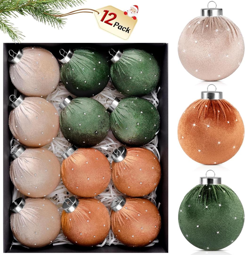 TonJin Christmas Tree Ornaments Velvet Balls 12 Pack, 3.15"/80mm Glitter Shatterproof Hanging Flocked Large Xmas Bulbs Decorations, Lightweight,Green Burnt Orange Neutral Holiday Party Home Decor