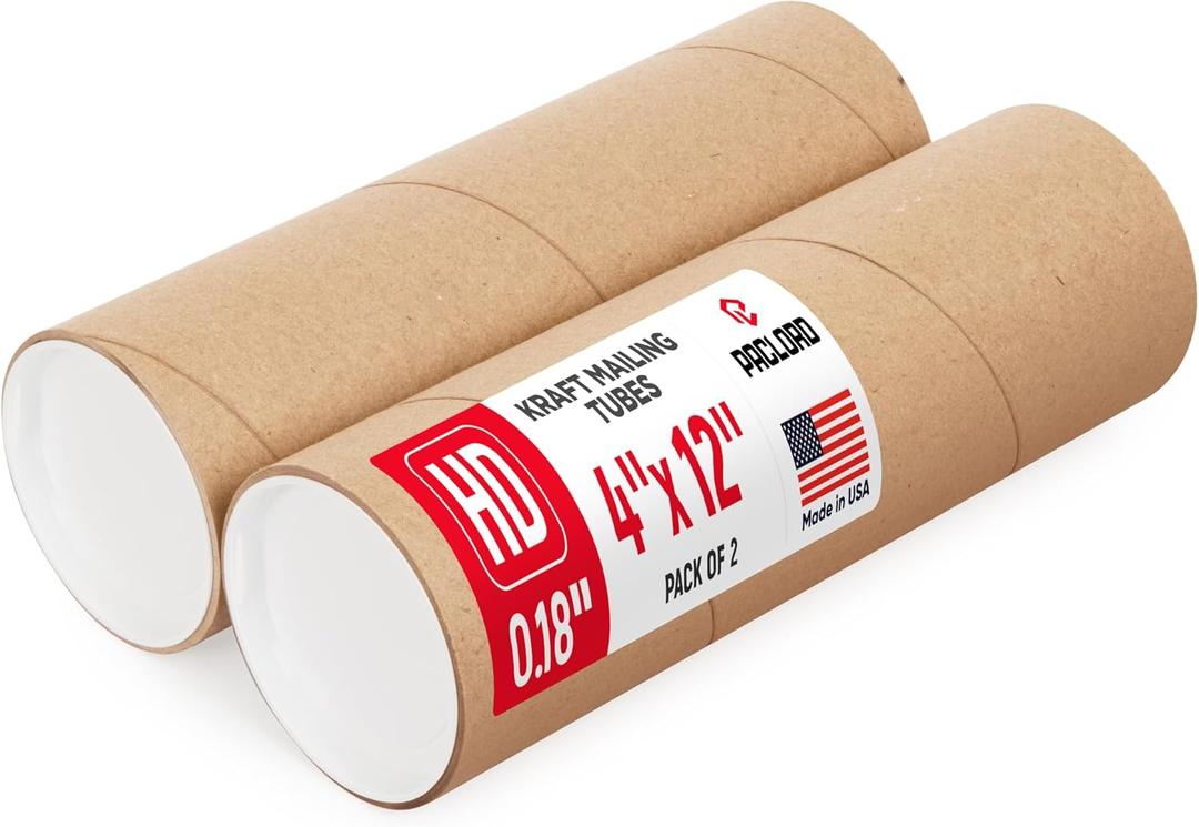 4" x 12" Heavy Duty Reinforced Kraft Paper Mailing Tube, Pack of 2 Tubes with 4 Caps – Secure USPS Approved Poster Tube – Made in USA Cardboard Tube for Shipping and Storing Posters, Prints, Artwork