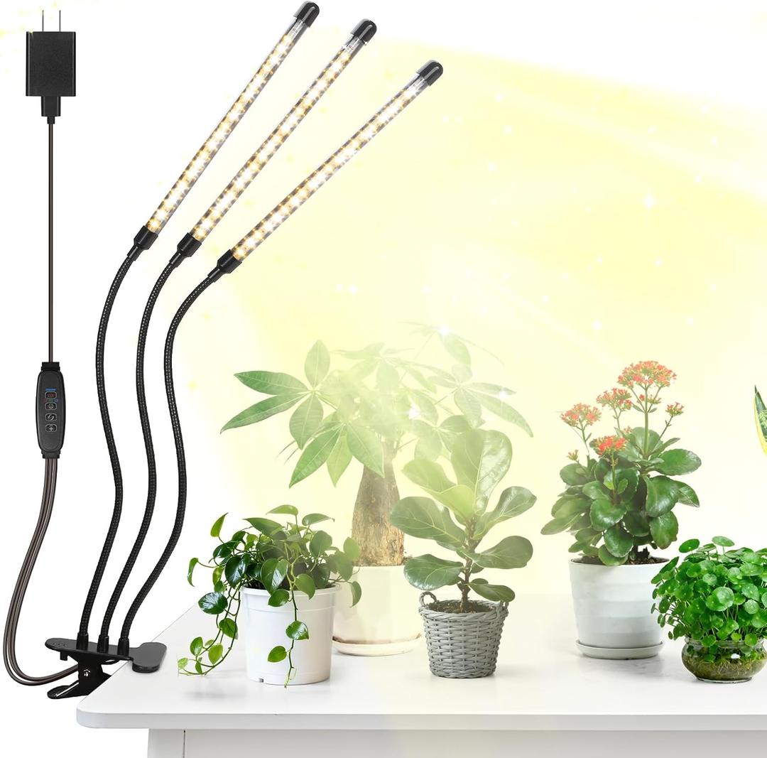 Led Grow Lights, 3 Heads Full Spectrum Plant Light with Clamp for Indoor Plants & Seed Starting, 10-Level Dimmable, Auto On Off, Timing 3 9 12Hrs