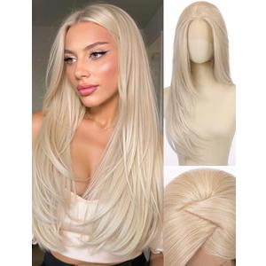 Luwila Straight 13x4 HD Lace Front Wig for Women, 26inch Heat Resistant Synthetic Hair Glueless Pre Plucked Straight Human Hair-Like Layered Wig with Realistic Scalp (Light Mixed Blonde Color)