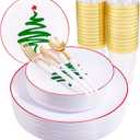 Supernal Christmas Plastic Plates, Gold Plastic Cutlery 180pcs Elegant Disposable Dinnerware with White-Gold Knives/Forks/Spoons, Gold Rim Clear Tumblers, Premium Christmas Tableware for 30 Guests