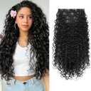 Clip in Hair Extensions, FLUFYMOOZ 4PC 100％ Pure Protein Silk Hair Extensions Long Soft Natural Hairpiece 20 Inch Curly Hair Extension for Women (Black Brown)
