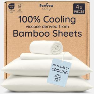 Bambaw 100% Viscose Derived from Bamboo King Size Bed Sheet Set - 4pcs Luxury Cooling Sheets for Hot Sleepers, Soft Sheets, Fits Up to 16'' Deep Pocket (Ivory)