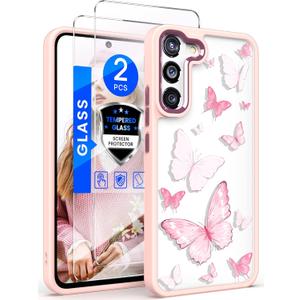 Dretal for Samsung Galaxy S21 Plus 5G Case Floral, Galaxy S21+ Case, Military Grade Drop Tested Hard Back & Soft Edge Slim Flower Women Girls Protective Cover +Tempered Glass Screen Protector (Pink)