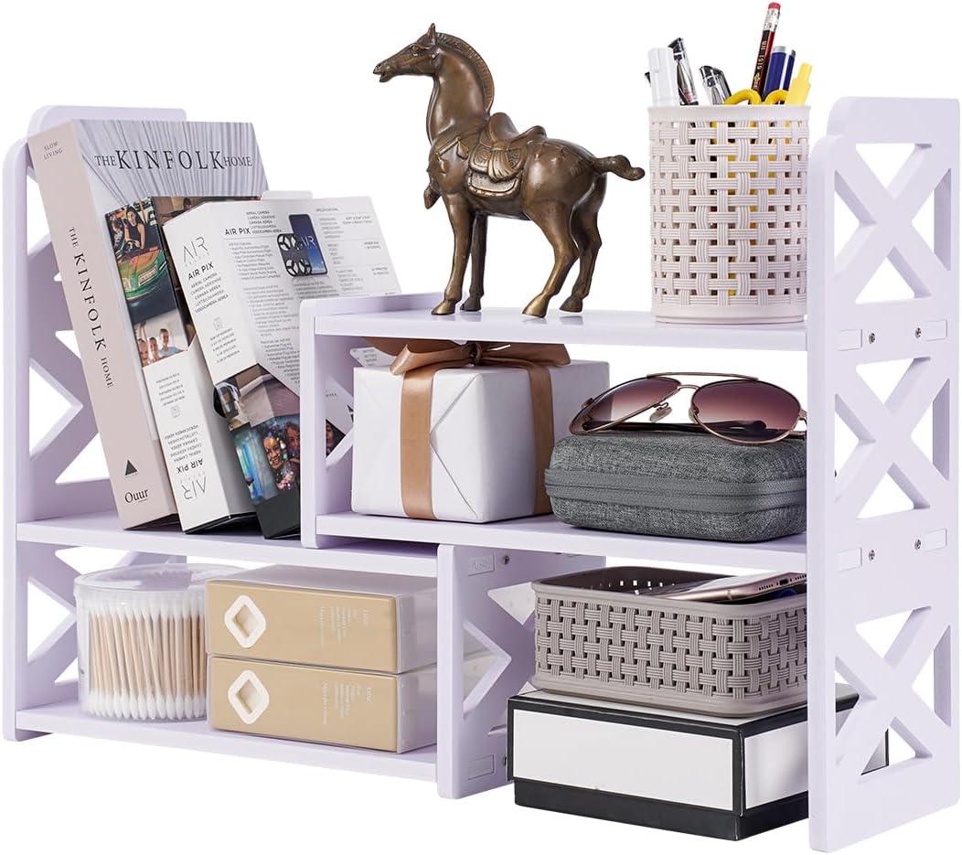 Felmis Desk Organizer Shelf, White Adjustable Small Bookshelf, Expandable Book Shelves for Classroom, Office, Dormitory, Home