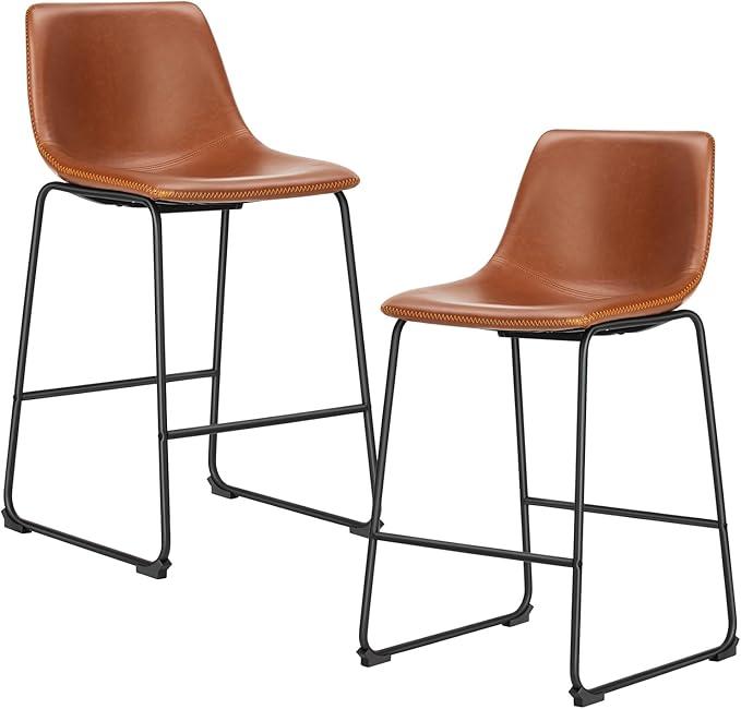 DUMOS Bar Stools Set of 2, 26 Inch Counter Height Faux Leather Barstools with Back, Modern Metal Leg Bar Chairs for Kitchen Island, Dining Pub Table, Home Bar, Brown