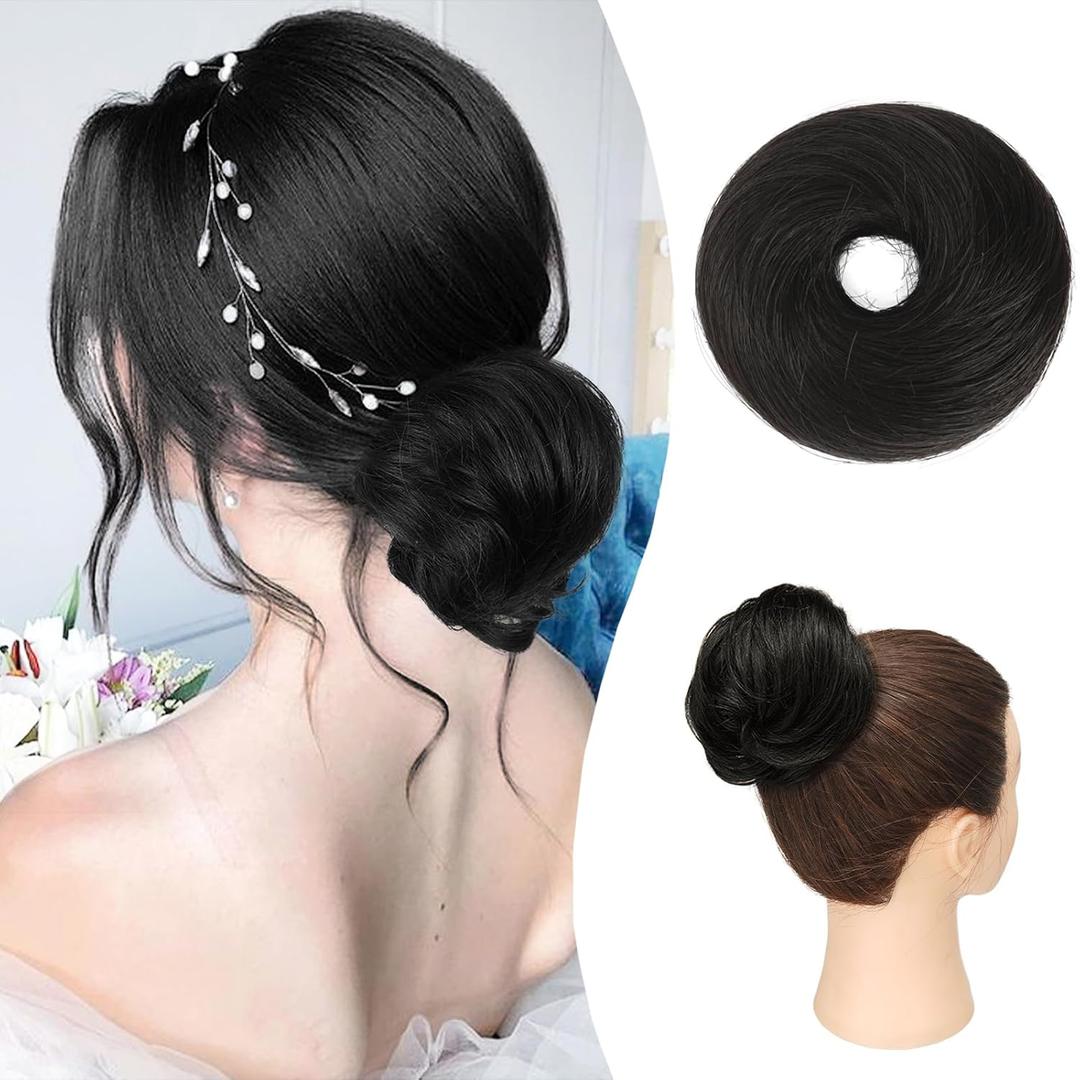 RUWISS Human Hair Bun Hair Piece Long Thin Straight Tousled Updo Bun Hair Pieces for Women Scrunchie Ponytail Extension 20g (Darker Brown 1)