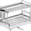 LIZWETEC Dish Drying Rack, Double Layered countertop Kitchen Organizer with Drainage Large Bowl Rack and Storage Rack with Drainage Board, Suitable for Kitchen Bars (Silver)