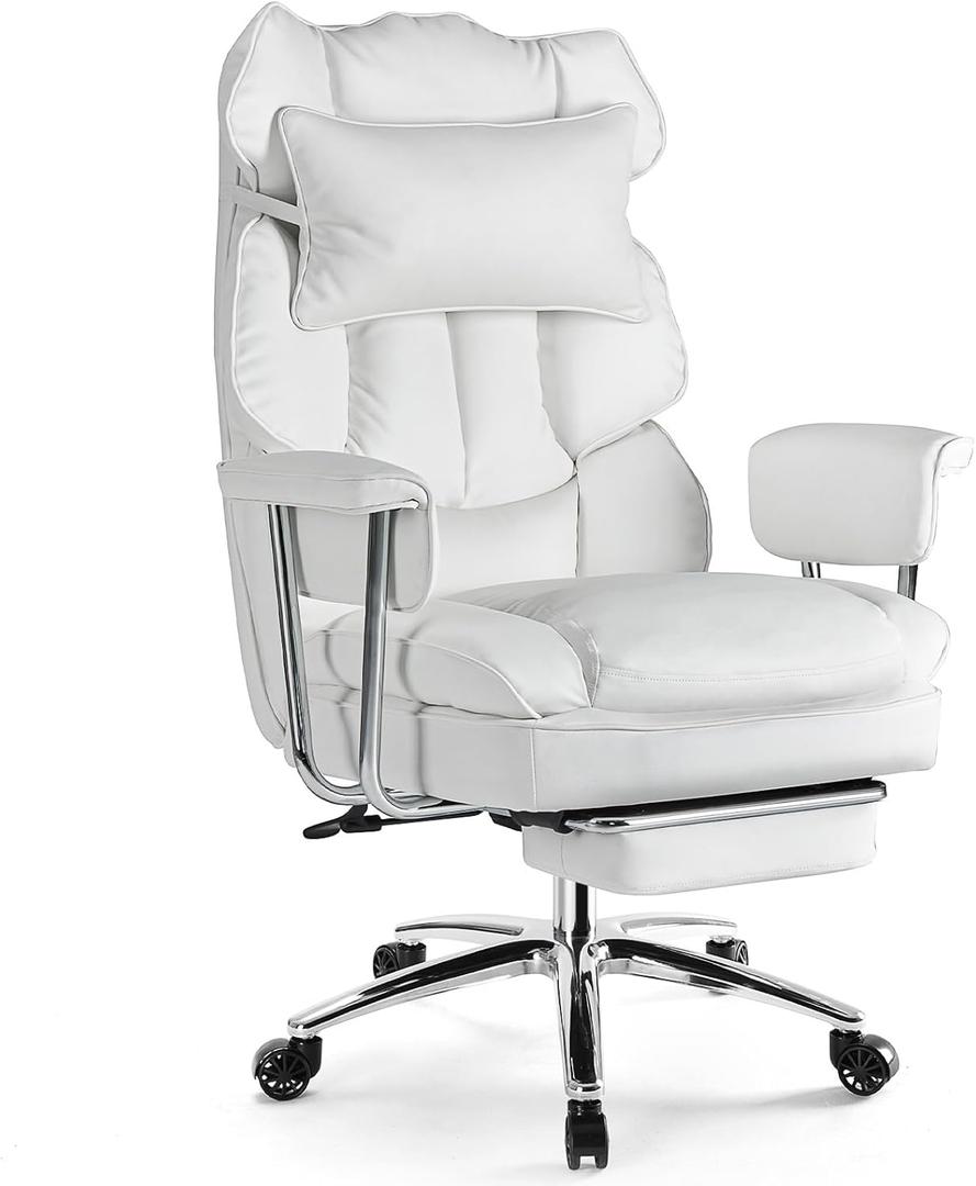 Sweetcrispy Executive Home Office Desk Chair - Ergonomic Big Tall High Back with Footrest & Lumbar Support, Reclining Height Adjustable, Comfy PU Leather Computer Gaming with Swivel Wheels, White