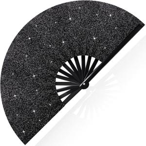 Vercraft 13'' Large Rave Fan for Women Rave Accessories Festival Outfits Glitter Hand Folding Clack Fan for Line Dancing Edm Music Festival Outfits(Black)