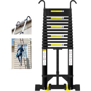 Telescoping Ladder, 20.3FT Aluminum Portable Extension Ladder w/Hooks, Stabilizers& Wheels, 330lbs Capacity, Collapsible Design, Outdoor & RV Friendly, Aluminum, Sturdy & Reliable, Black