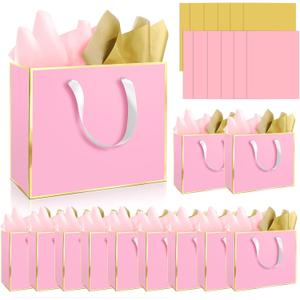 Epoesch 12 Pack Fancy Pink Gift Bags with Handles and 24 Tissue Paper, Medium Size11.8"x10"x4" Inch for Birthdays, Weddings, Party Shopping, Corporate Gifts, Easter, Mother's Day, Holiday (Pink Gold)