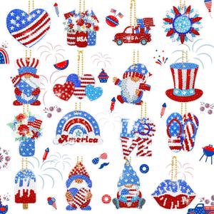 Sasylvia 16 Pcs 4th of July Diamond Painting Keychains Patriotic Diamond Art Kit Gnome Painting Ornaments American Flag Red Blue White DIY Craft 250th Anniversary Decorations for Adult