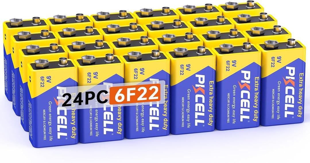 PKCELL 9V Batteries, 24 Pack 9 Volt Batteries Carbon Zinc, 9V Battery for Smoke Detector, Alarms, 6F22 Square Battery