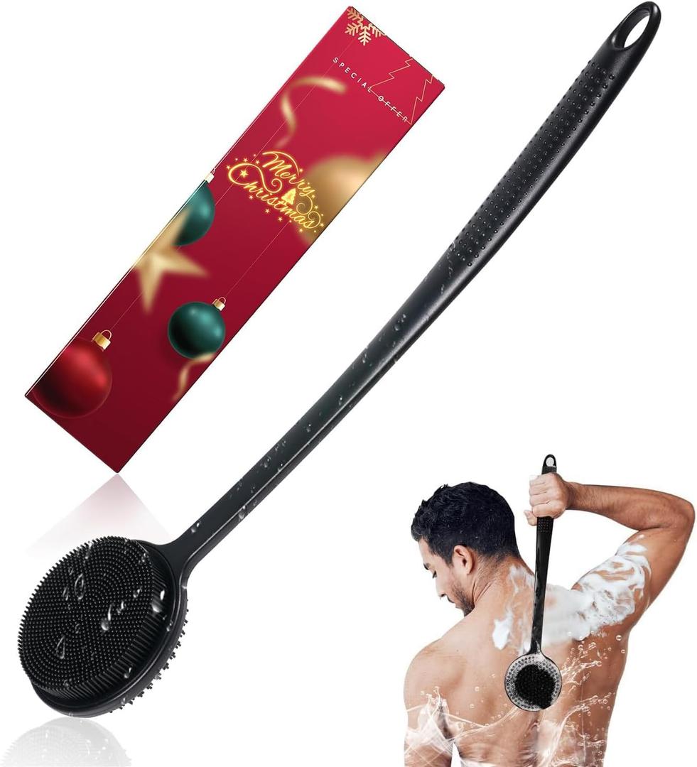 Silicone Back Scrubber for Shower, 17in Lengthen Long Handle Body Brush, Double Sided Shower Brush for Shower Exfoliating and Massage Can Produce Rich Foam, Long Handle Back Scrubber for Men (Changbing)