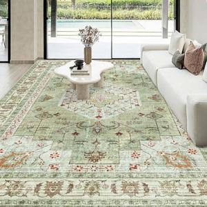 Washable Boho Area Rug 8'×10' Green Brown Large Living Room Rug Non-Slip Indoor Decor Soft Oriental Vintage Bedroom Carpet Dining Room Nursery Home Office