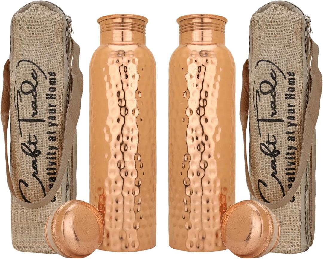 Craft Trade Pack of 2 Pure Copper Bottle with Lid and Carry Bag for Drinking Water BPA Free Leak Proof Boosts Immunity, Supports Digestive & Liver Health, Ayurveda Inspired 34oz - 1 Litre Natural (Natural Copper)