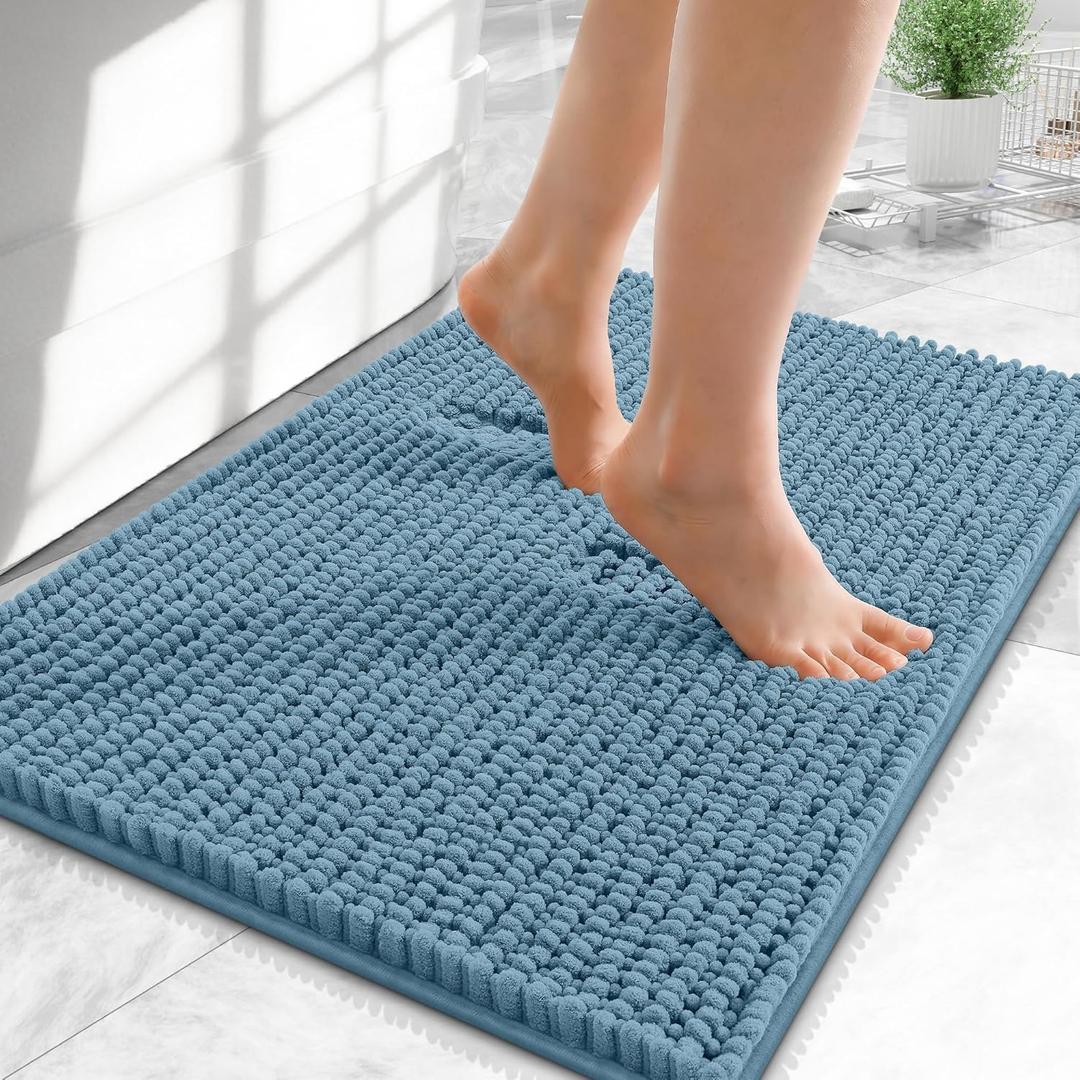 OLANLY Thick Bathroom Rugs 24x16, Extra Soft Absorbent Chenille Bath Rugs, Rubber Backing, Machine Wash Dry, Bath Mats for Bathroom Floor, Tub and Shower, Home Decor Accessories, Airy Blue