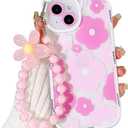 for iPhone 14 Case, Cute Clear Blue Floral Bear Camera Lens Case with Lovely Flower Wrist Strap Bracelet Chain for Women Girly,Shockproof Cover-Pink