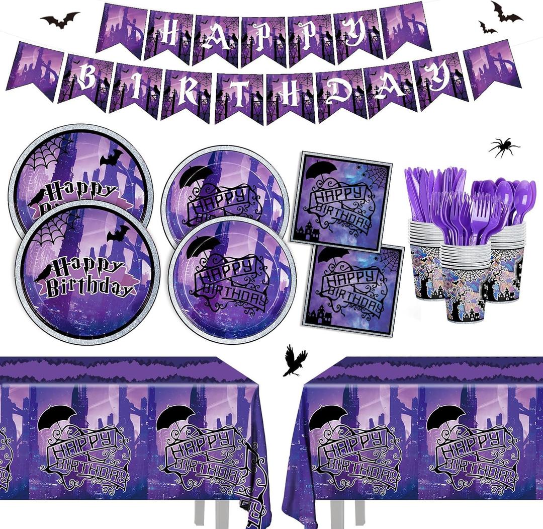 171pcs Birthday Party Decorations Supplies Cartoon Paper Plates Napkin Birthday Disposable Cup Tablecloth Purple Forks Tableware Set for 24 Guests