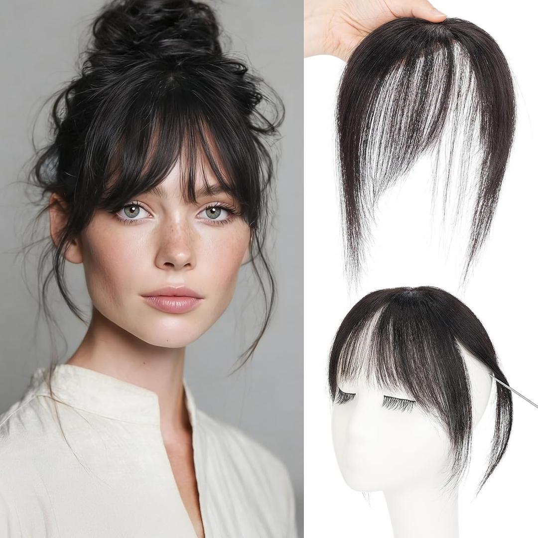 S-noilite Natural Black Bangs Hair Clip,Wispy Clip in Bangs Human Hair French Bangs Natural Curtain Fringe with Temples Hairpieces for Women Clip on Bangs Daily Wear