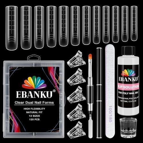 EBANKU Poly Gel Nail Forms Kit - 120PCS Reusable Square Dual Forms for Builder Gel, Nail Mold Kit with 2.5oz Slip Solution, Brush, File, 5PCS Clips - 12 Sizes