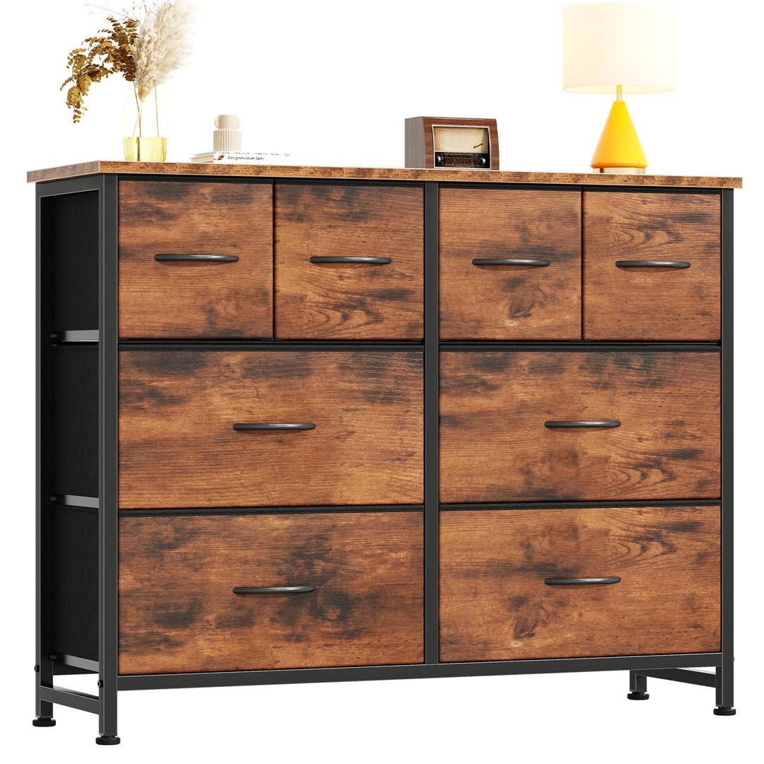 DUMOS Tall 8 Drawer Dresser for Bedroom, Storage Chest of Drawers Cabinet Storage Tower with Raised Shelf, Fabric Bins for Organization, Hallway, Brown 11.8"D x 31.5"W x 45.9"H (8 Drawers)