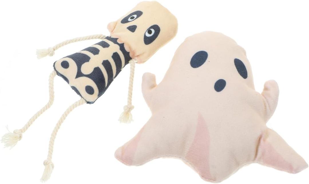 Halloween Cat Toy Set 2-Pack Plush Ghost and Skull Interactive Teething Toys for Indoor Cats Soft Wear-Resistant Playthings to Relieve Anxiety